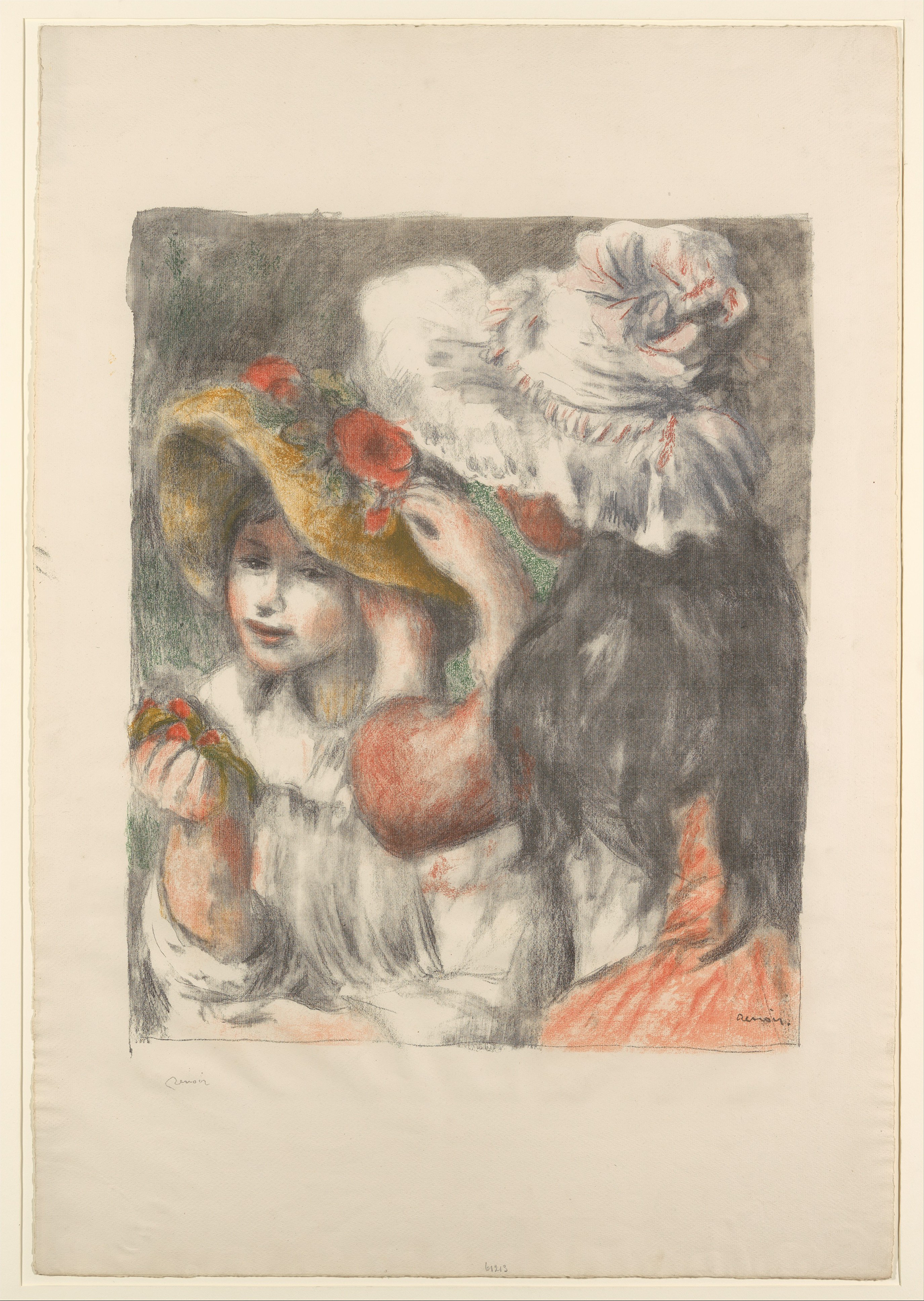 A sketch of two girls decorating a hat. On the right is a brunette seen from behind, and on the left is a strawberry blonde girl. The sketch rests on a large brown paper.