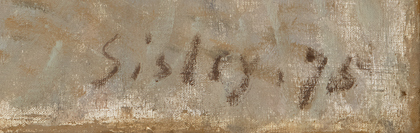 Photograph of the name &ldquo;Sisley, 75&rdquo; written in the corner of a painting. It is written in the dark colored paint on top of gray and brown brushstrokes.