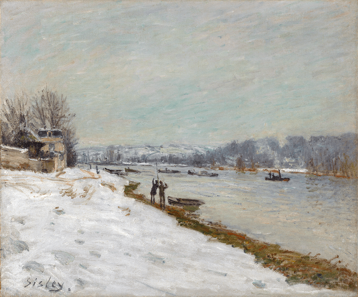 A snowy riverbank with barges in the distance. Two figures stand by the water, and hills are seen in the distance.