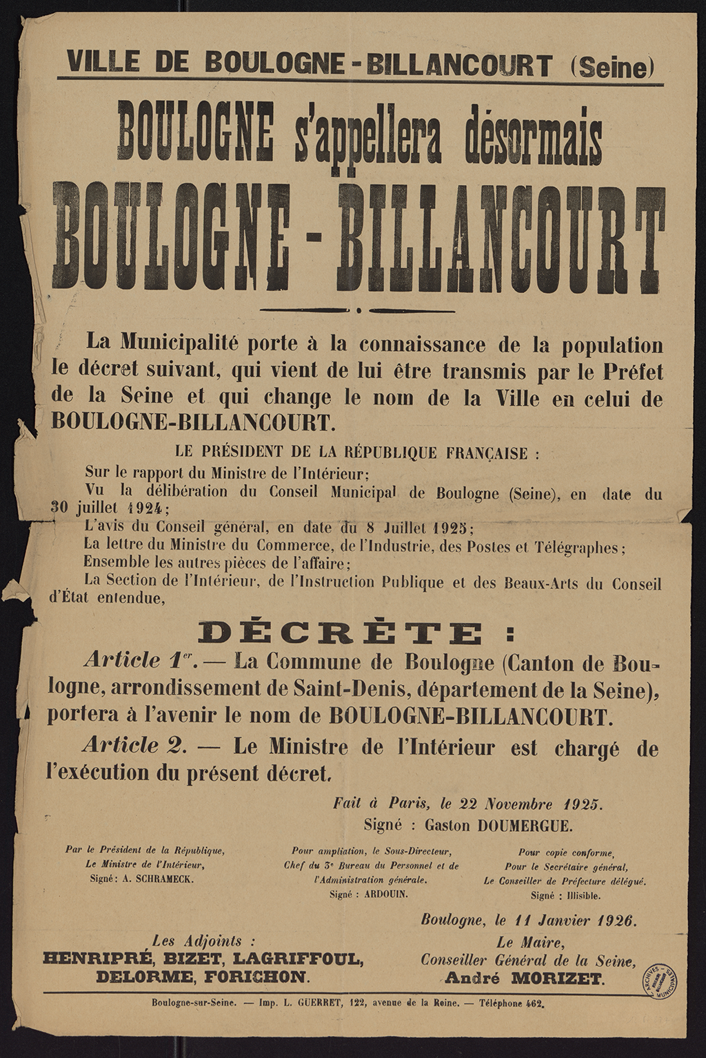 A photograph of an older piece of paper. It writes &ldquo;BOULOGNE - BILLANCOURT&rdquo; It has a variety of different-sized text with bold wording.