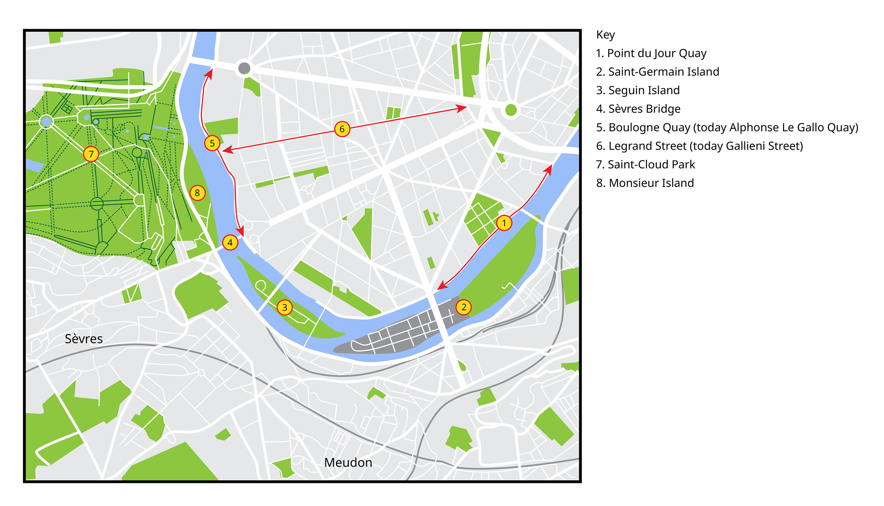 A top-down view of a map showcasing a river that cuts through a city. On the left-hand side of the map, there seems to be a large park section along the river. Yellow circles on the map represent points of interest.