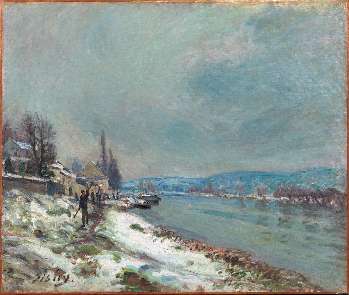 A painting depicting a riverbank covered in snow along a large river. On the bank there is a variety people walking and standing along a dirt trail.  Behind that trail is the outskirts of a small town. The background sky is made of blues and grays which are reflecting on the river below.