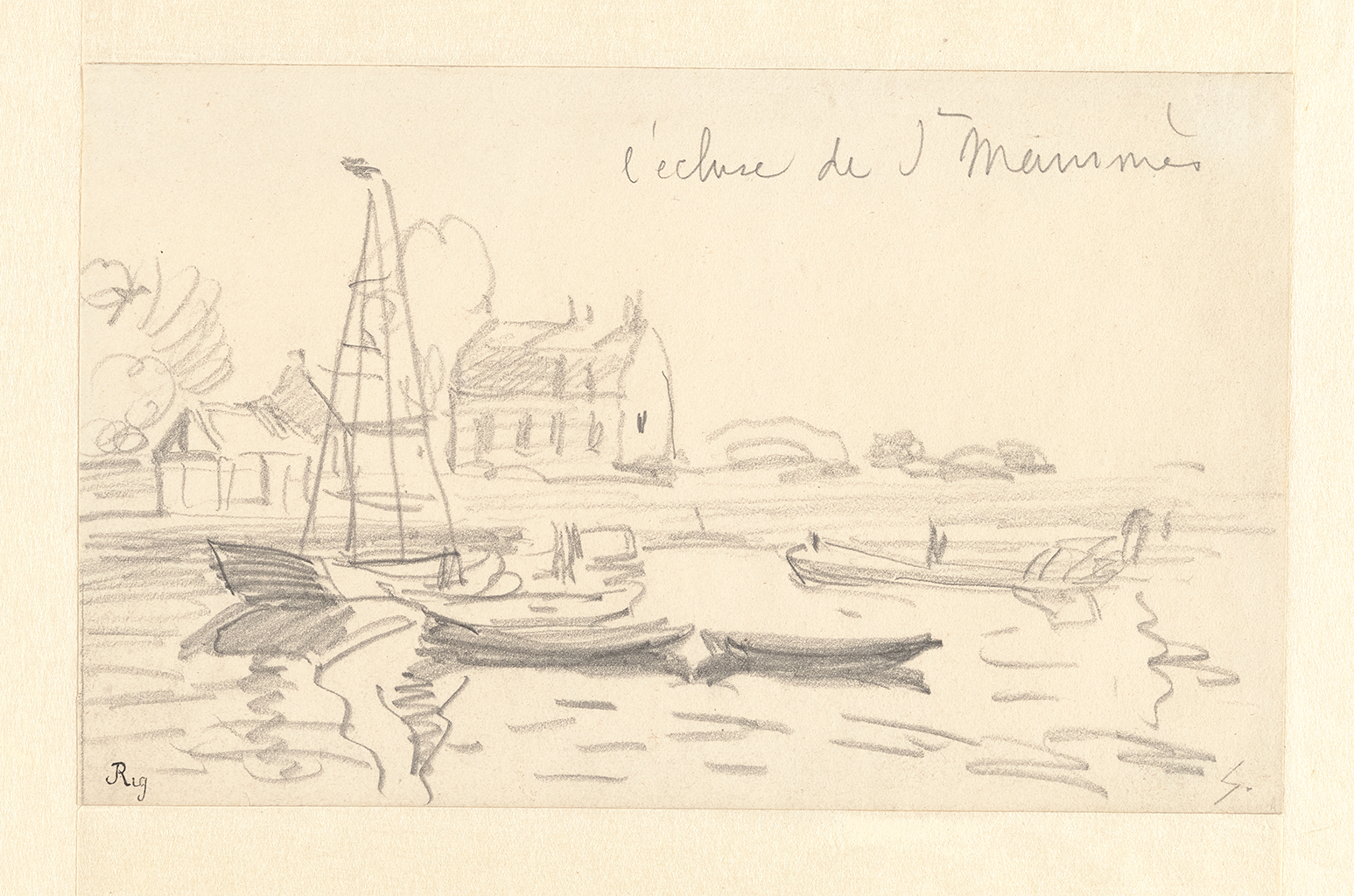 A sketch of three boats on a river near a dock. On the water are pencil markings mimicking waves. Behind them are two buildings and a rough outline of a trees. The sketch is made up with light shades of black chalk.