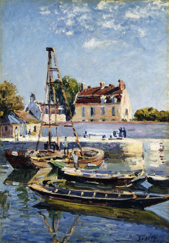 A painting of sailors standing on three wooden boats near a dock. Behind them are three yellow buildings near a long white wall. The background consists of green trees and a blue sky with clouds.