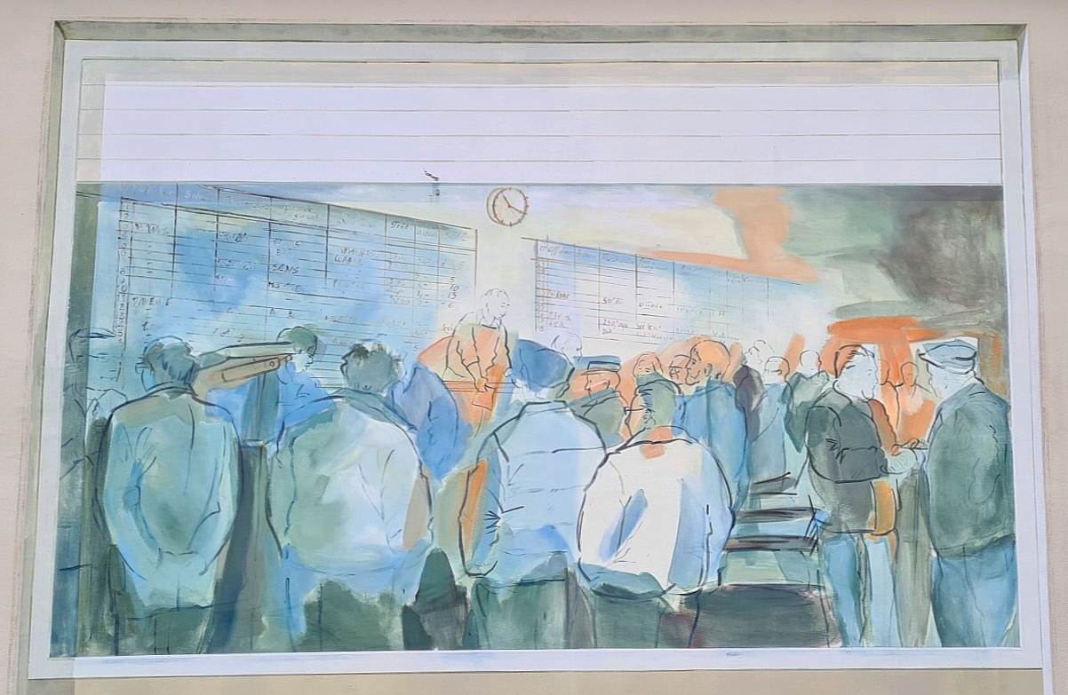 A painting of a crowd of people standing and staring at two boards on a wall. The people are made up with a variety of blues, and oranges. To the right of the crowd, two people are facing each other and shaking hands.