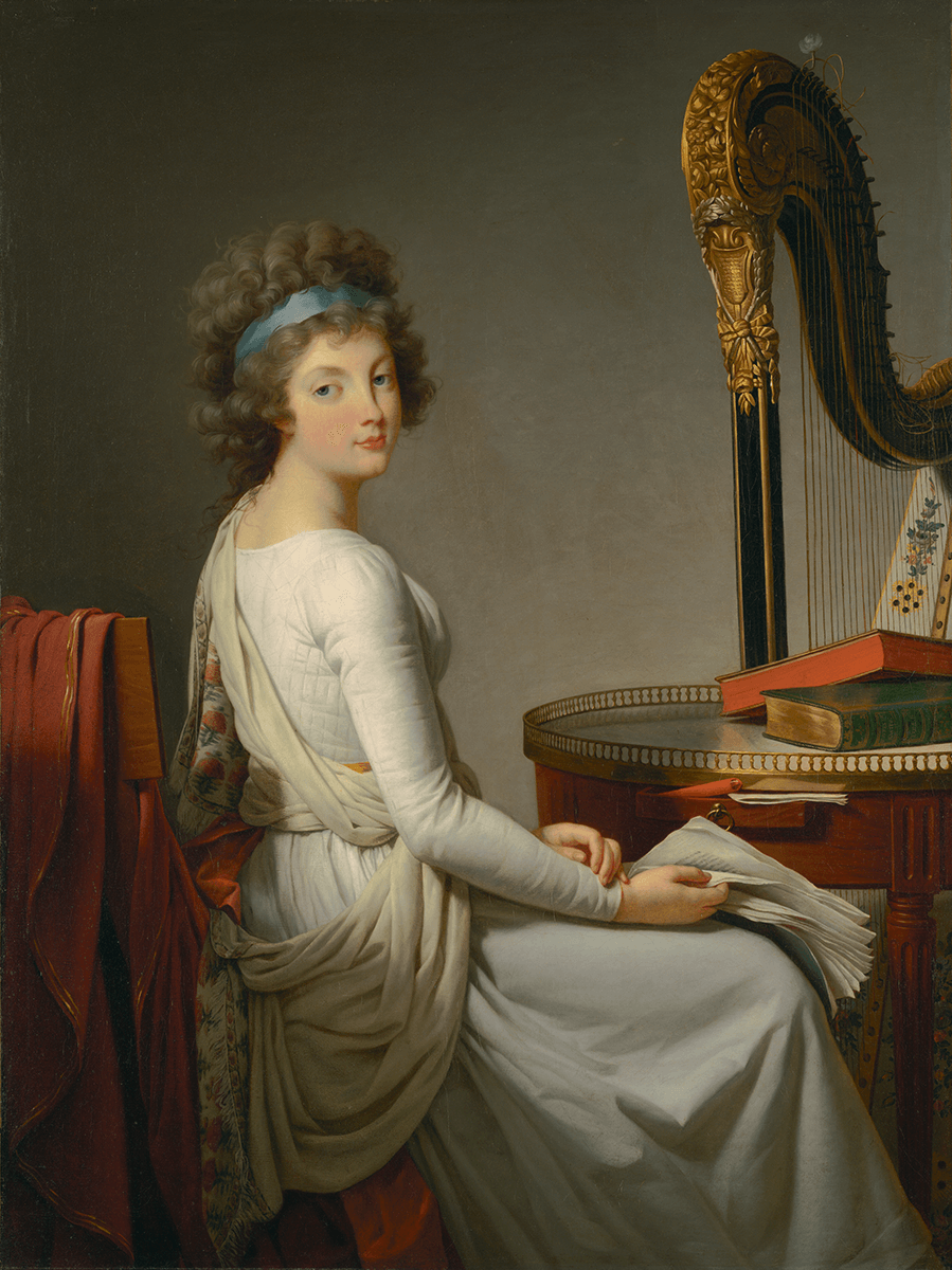 Seated woman in a white dress faces a table and harp, her face turned towards to the viewer. She holds a manuscript, several books are on the table.