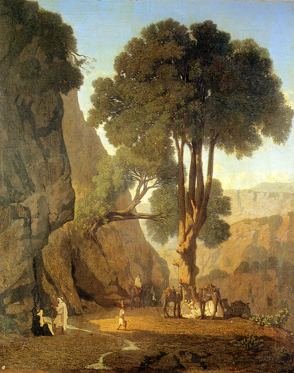 A painting of a rocky cliff with a group of travelers with their camels sitting under a tall tree with green leaves. The group wears long white tunics and hoods. In the background, there are large rock mountains overlapped by rolling hills.