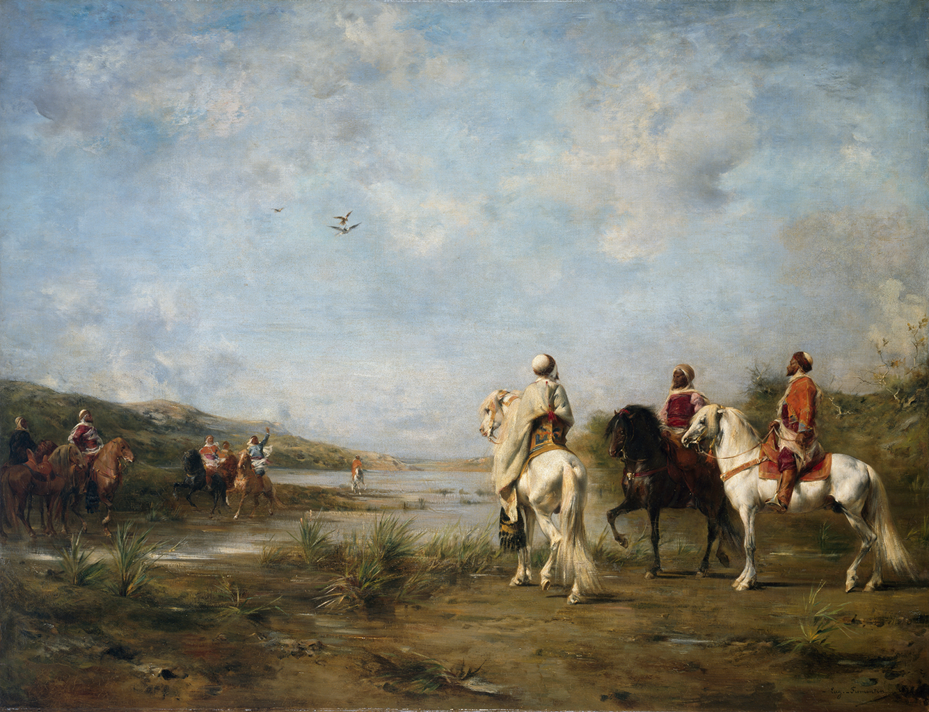 A painting of a group of men, who are wearing cloaks and headdresses in white, blue, and shades of red clothing, riding their horses through a grass field near a large body of water. In the blue sky above them, three birds are flying.