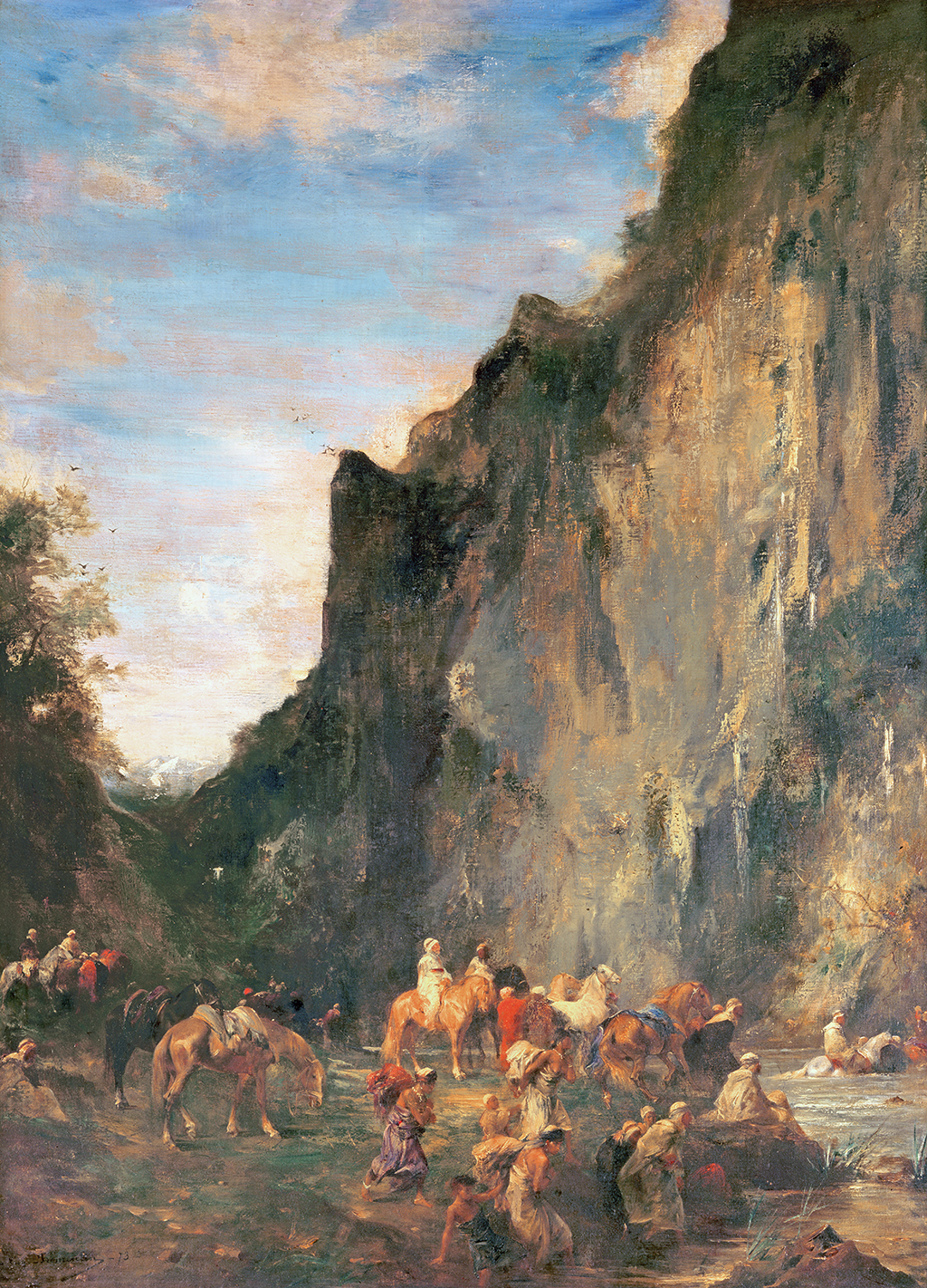 A group of travelers crossing over a stream of water. The women accompanying them carry large bags of cloth on their backs and direct the young children. The men sit on horses watching over the crossing. To the right is a large rock cliff.