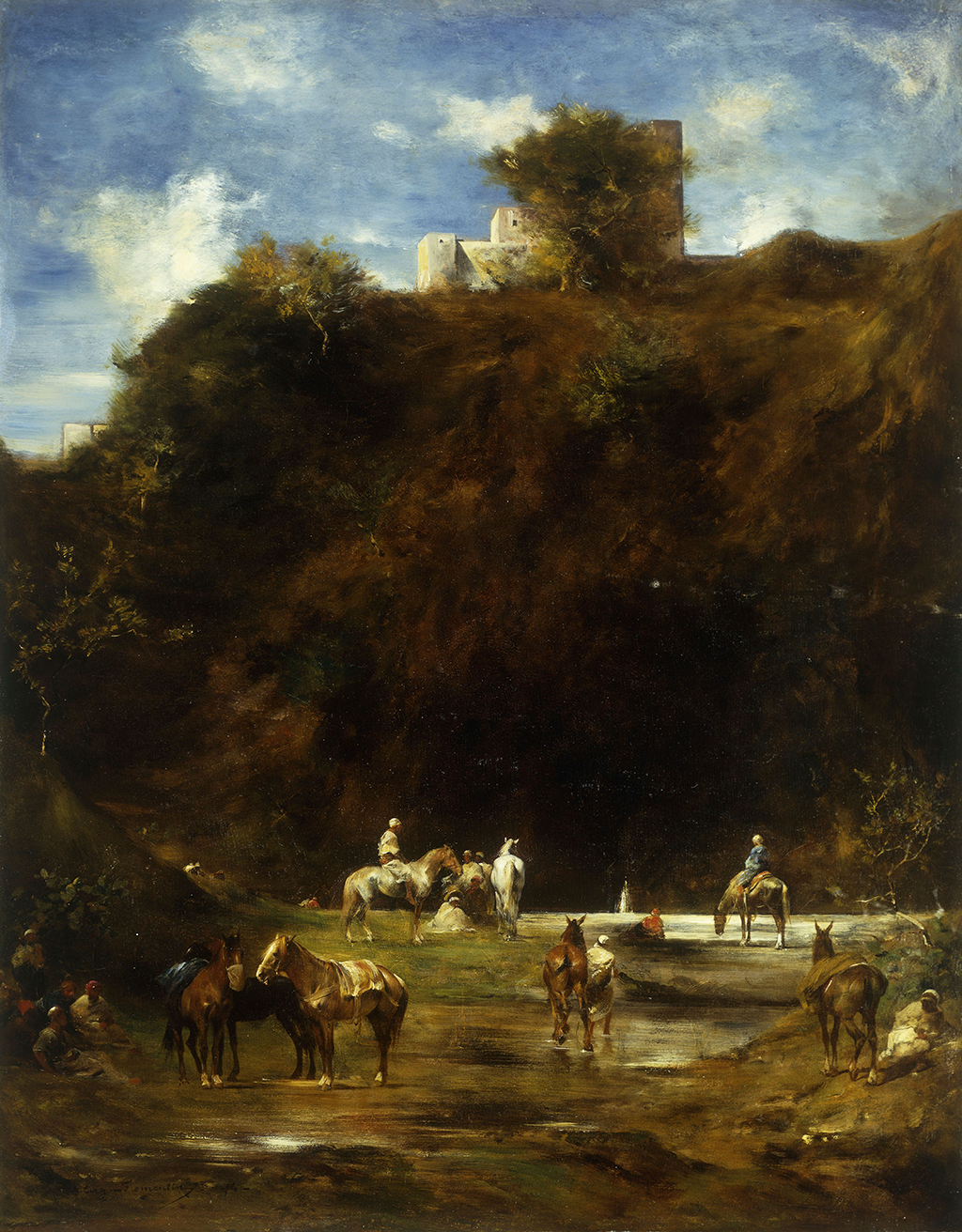 A painting depicts a group of travelers resting beside their brown and white horses on the bank near a stream. Above them is a steep brown hill with a white building partially blocked by a green tree.