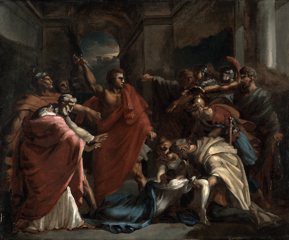 A group of men, some dressed as soldiers, encircle a man, dressed in bright red, who raises a dagger; a woman and a man bend over a dead woman.
