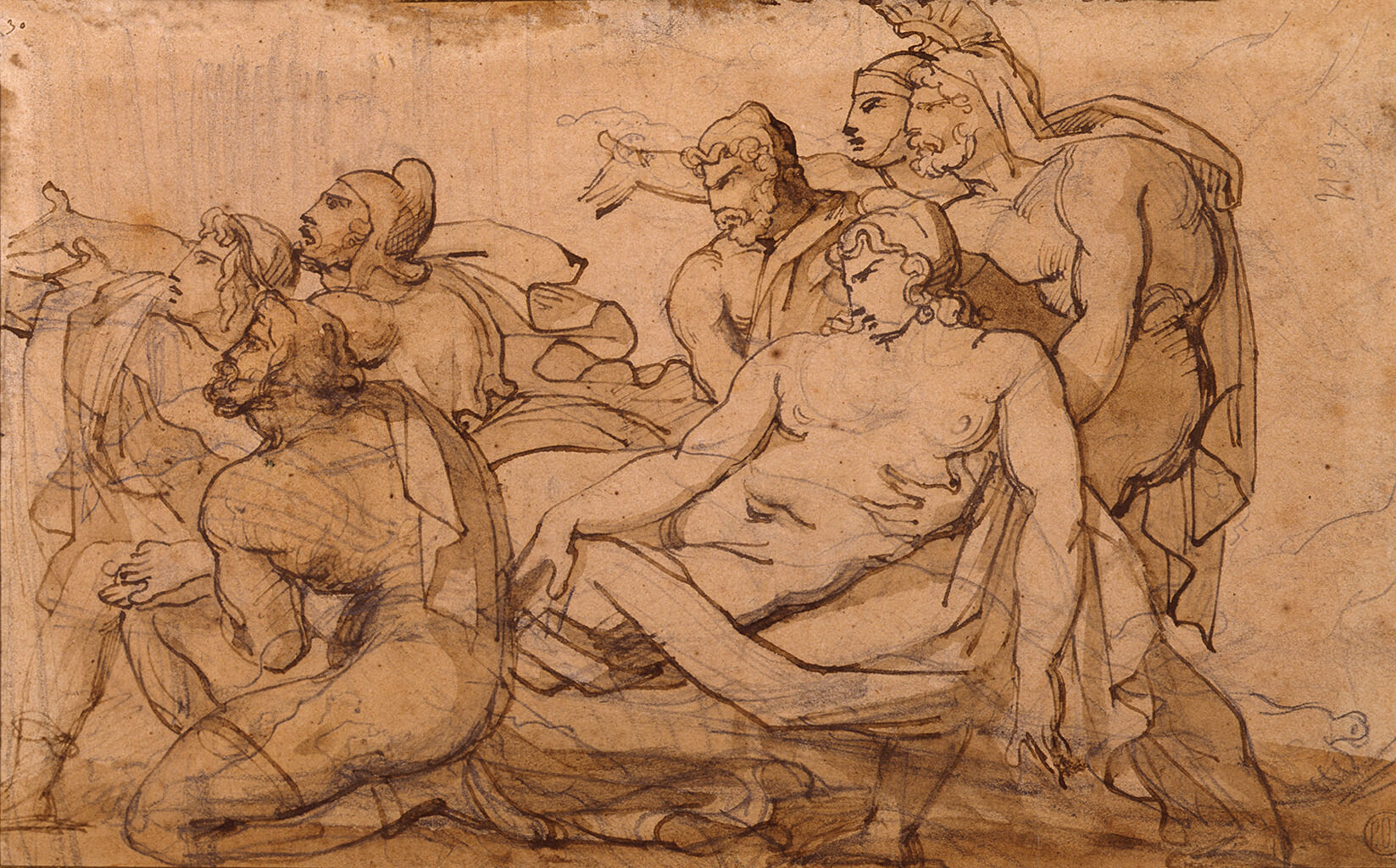 A sketch depicting a group of seemingly nude men pointing and looking to the right. In the middle of the sketch, a man is being held up by someone behind him.