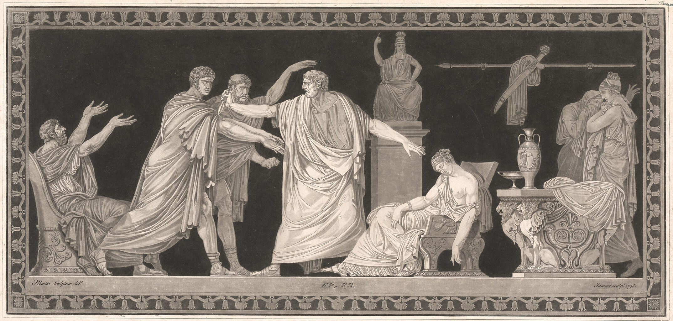 An image of man holding a knife while two other men seem to be charging at him. To his left, a woman lays in a chair with her head down. In the background, there is a variety of distraught figures and sculptures.