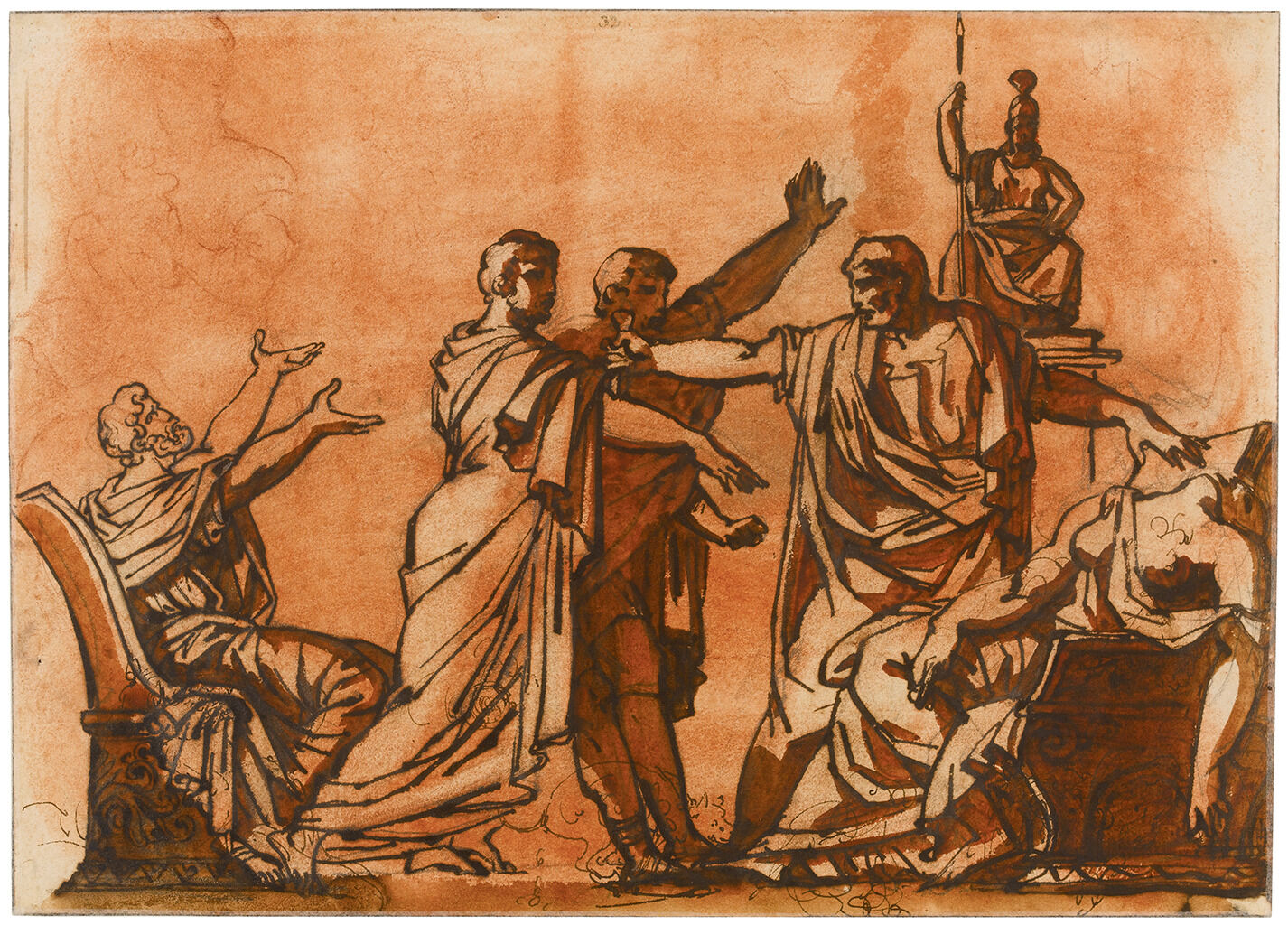 A sketch of a man holding a knife while two other men seem to be charging at him. Behind the two, another man sits in a chair with both of his arms raised. On the left side of the sketch, woman lays in a chair with her head facing up. In the background, there is a sculpture of a figure holding a spear.