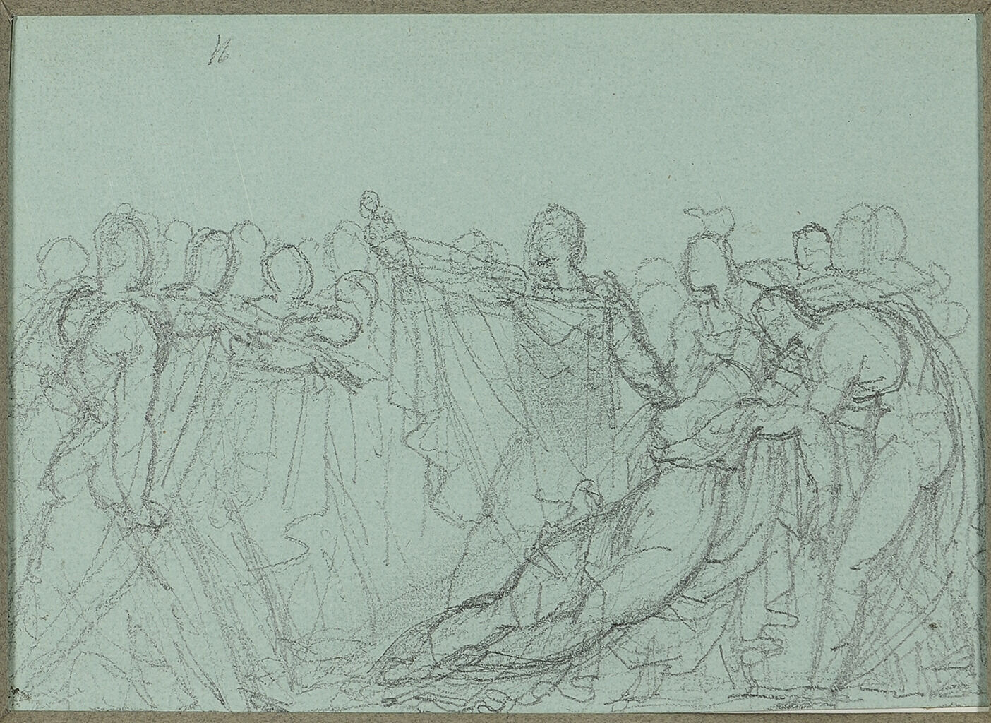 A sketch depicting a large amount of people surrounding a man and a nude woman who is slouched over a chair.