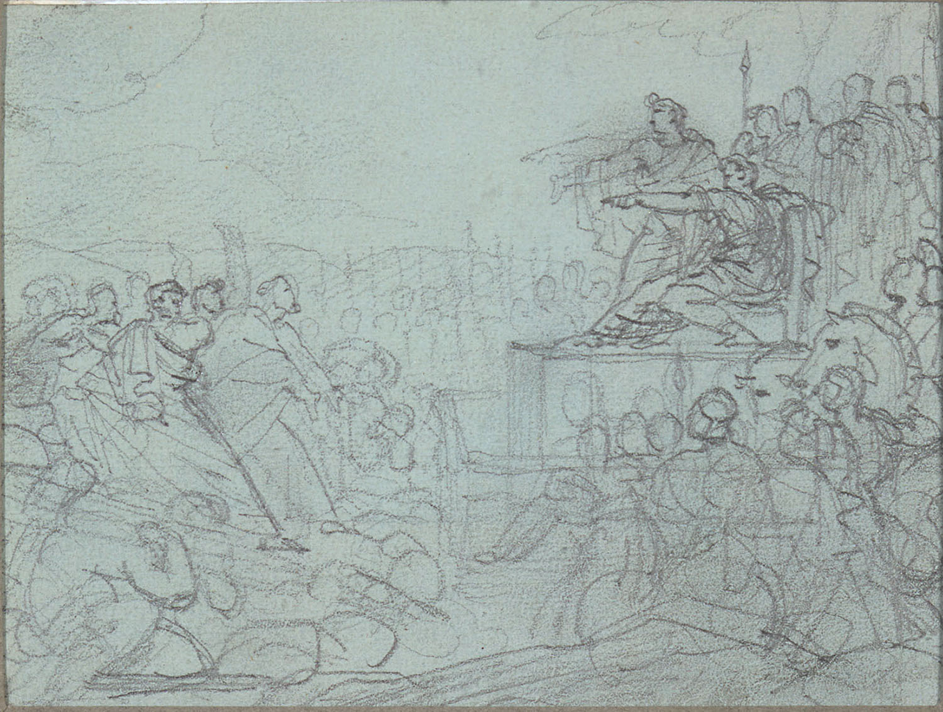 A sketch of a figure sitting on a chair overlooking a large crowd of people. He is seen pointing into the crowd. The sky has a few clouds, and the background seemingly has more people watching.