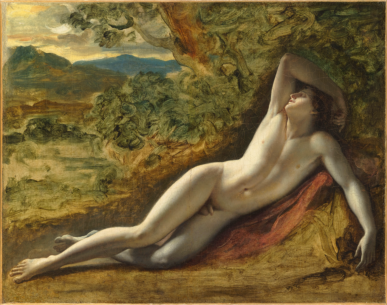 A painting of a pale skin-toned man lying naked, as he has his back pushed against the edge of the brush. He covers the top of his head with his arm and his eyes are closed. Behind him are thick brushstrokes that make up a forest background.