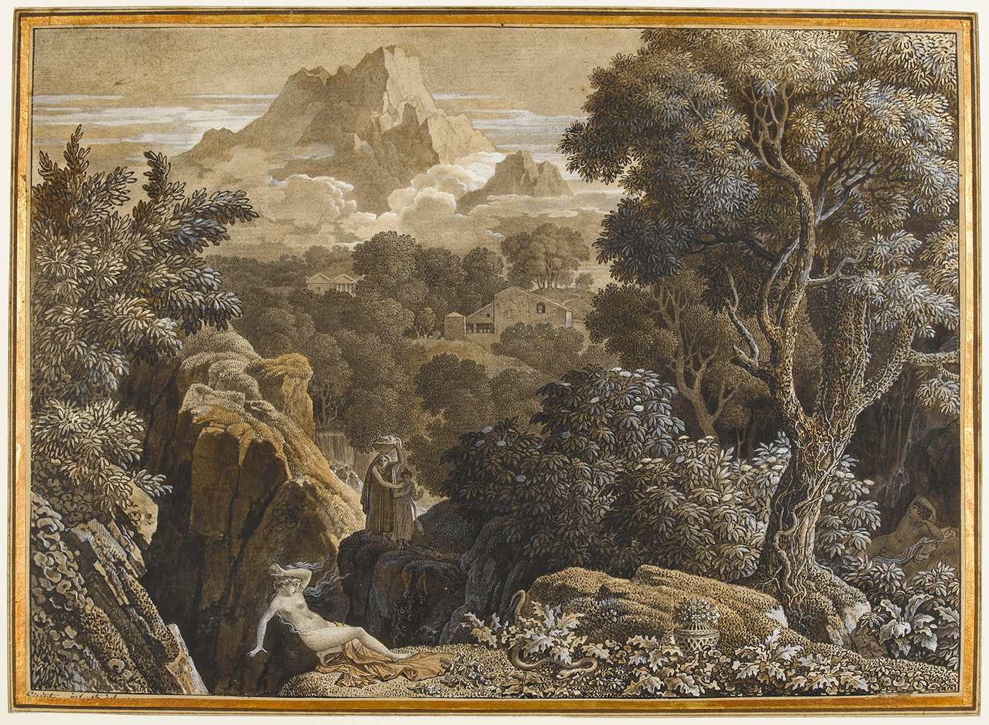 A print of a vast landscape depicting a forest with a large mountain surrounded by clouds in the background. In the foreground, there is a nude woman with her arm covering her face seemingly jumping away from a snake. The snake hides under the leaves of a plant near a vase. To the right are rocks with moss on them near a tree.