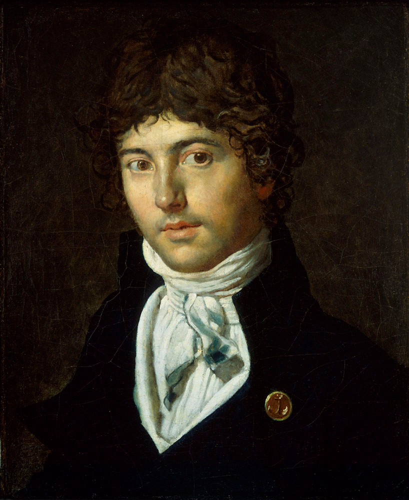 A portrait painting of a young lightly skinned man. He has brown curly hair with black eyebrows. His eyes are brown and are looking to the left. He wears a white necktie and a black coat.