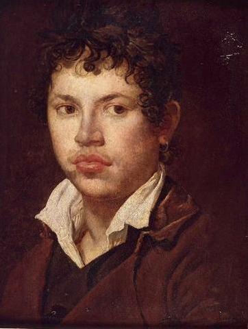 A portrait painting of a young man with black or brown curly hair along with a golden earring in his left ear. His has his white collar popped around his neck and wears a brown coat.