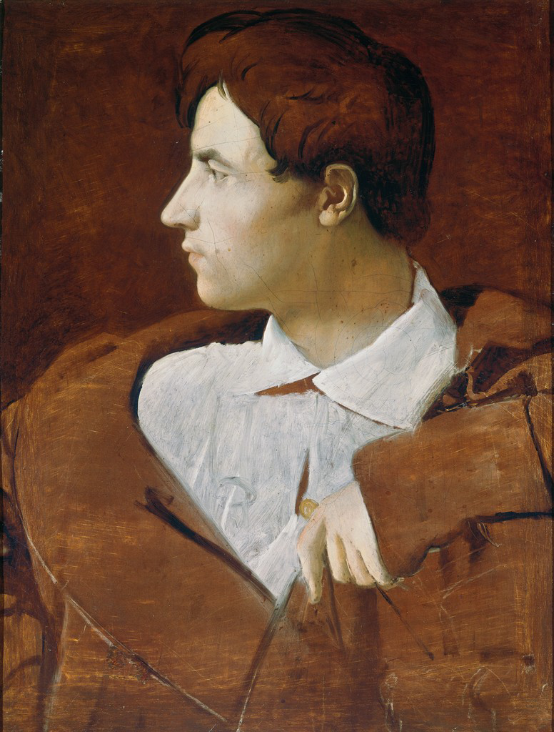 A painting depicting a light-skin toned man with brown hair looking to his right. He wears a white button up shirt along with a large brown coat. The background is a darker brown.