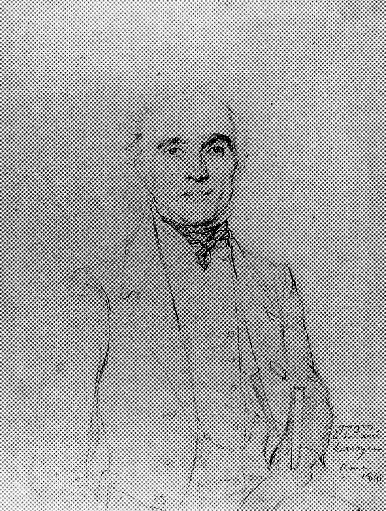 A black and white sketch of a bald older man with big eyebrows. He wears a suit jacket and a necktie.