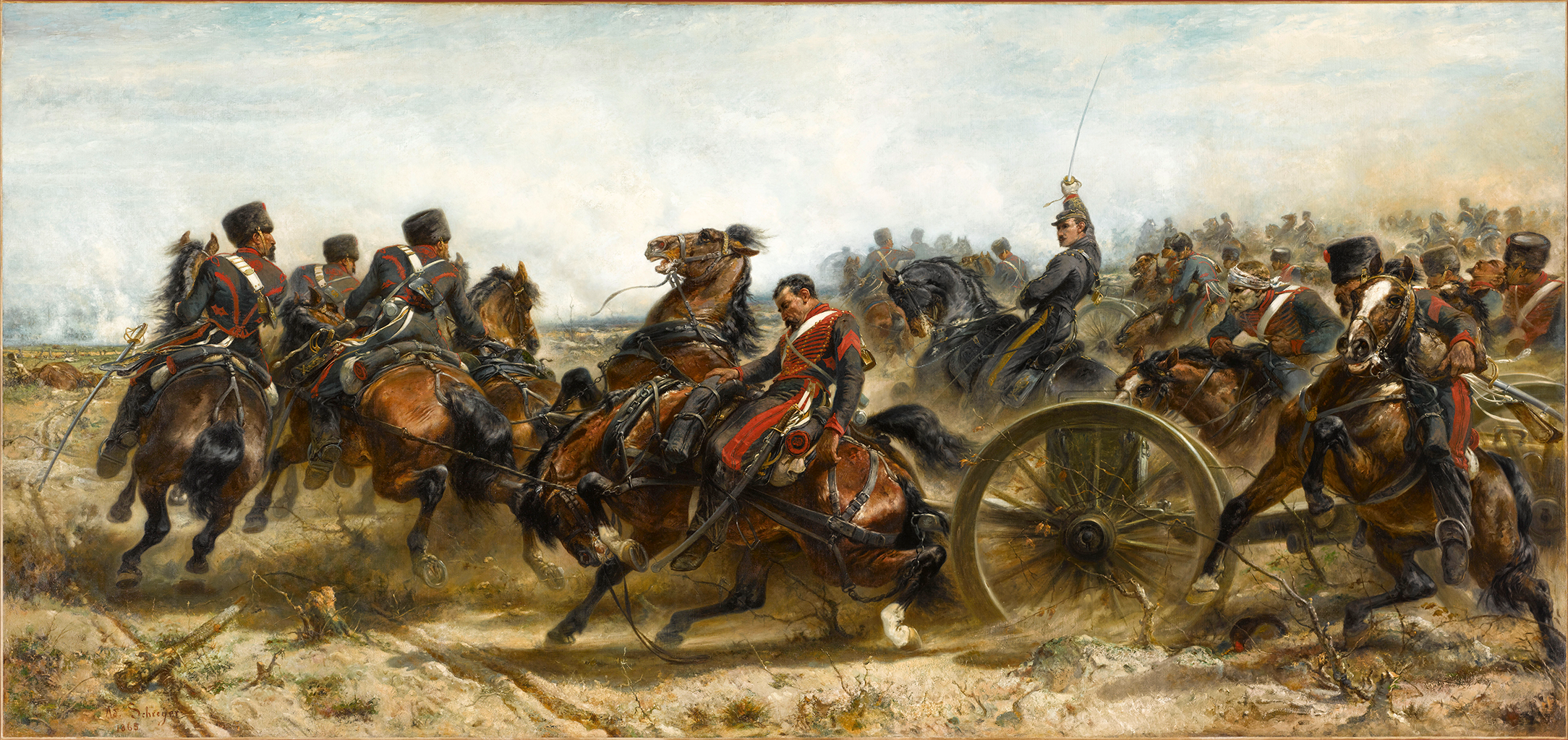 A painting of a large regiment of cavalry men charging to battle on their horses. The men wear and red and a mix of blue and black uniforms. The Scene is chaotic as the dust from the ground has been kicked up all around them. An officer raises his arm and holds his saber up high, while next to him, another soldier slumps backgrounds on his horse, appearing dead.