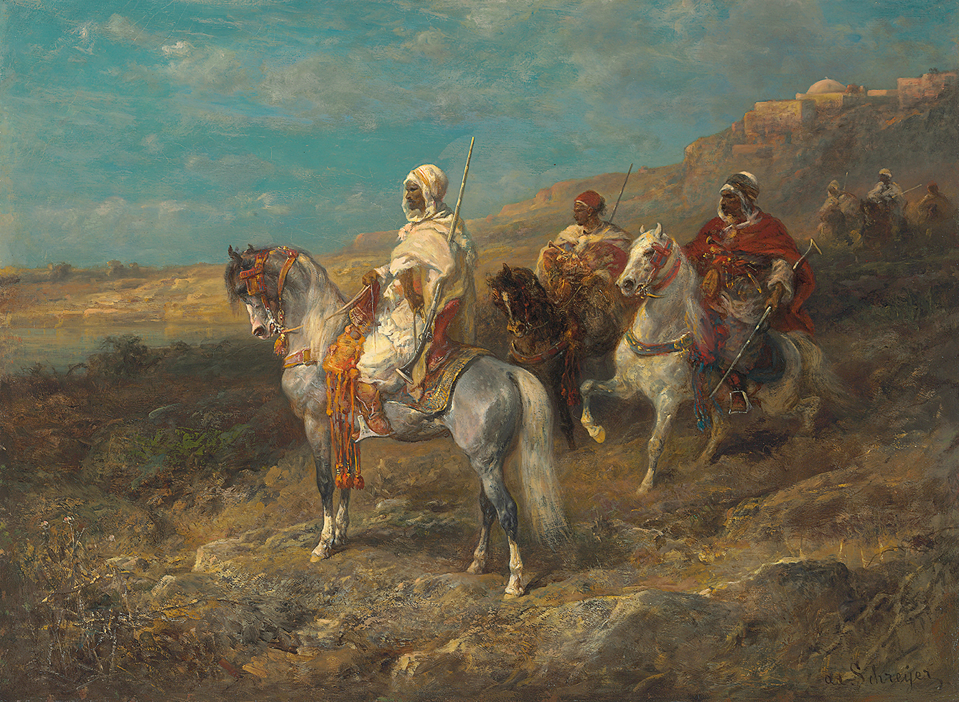 A painting depicting a man wearing a white tunic and hood riding on a horse. Behind him are two other horsemen riding toward him, they wear red and white while holding rifles.  The men have their eyes fixated toward a small lake in the distance. In the background the rocky cliff leads up past other horsemen to a series of large white buildings resting at the top of the cliff.