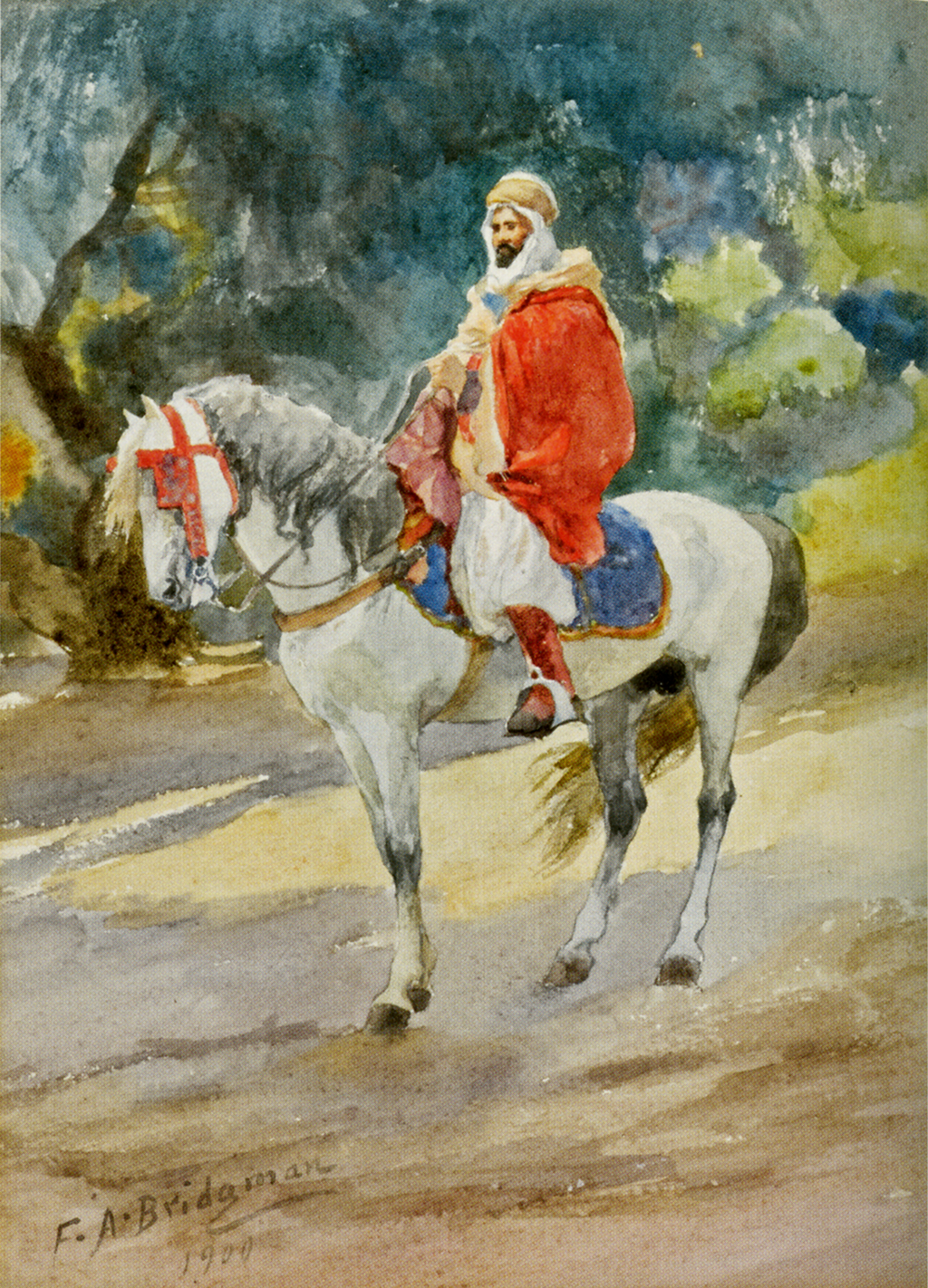 A painting of a man wearing a bright red cloak and white hood. He sits on a white horse with a blue saddle. Behind him is a green background, as the horse stands on a dirt road or path.