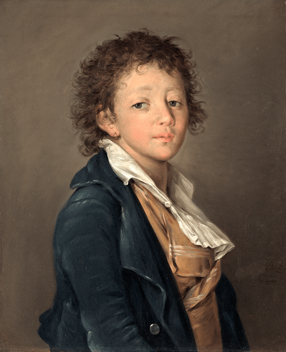 Bust portrait of a young boy with curly hair, wearing an earring and dark blue coat, light brown vest, white shirt and broad collar open at the throat.