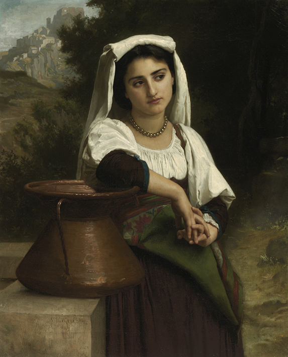 Photorealistic image of an Italian woman leaning on a large pitcher with a rolling landscape behind. A city on a hill is visible in the distance.
