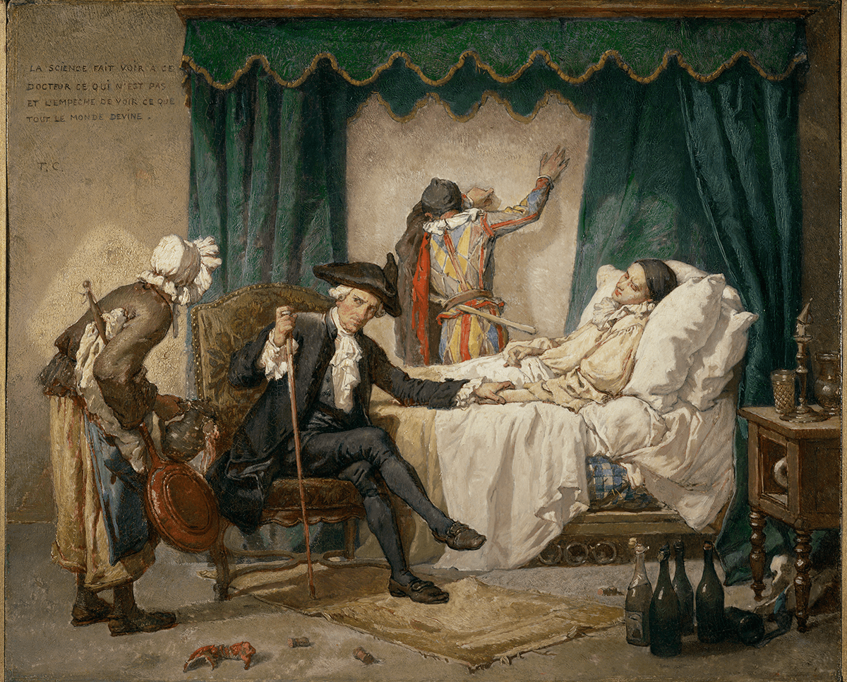 Pierrot lies ill in bed attended by a doctor and a nurse, Harlequin leans against the wall in the background. Bottle and lobster in foreground.