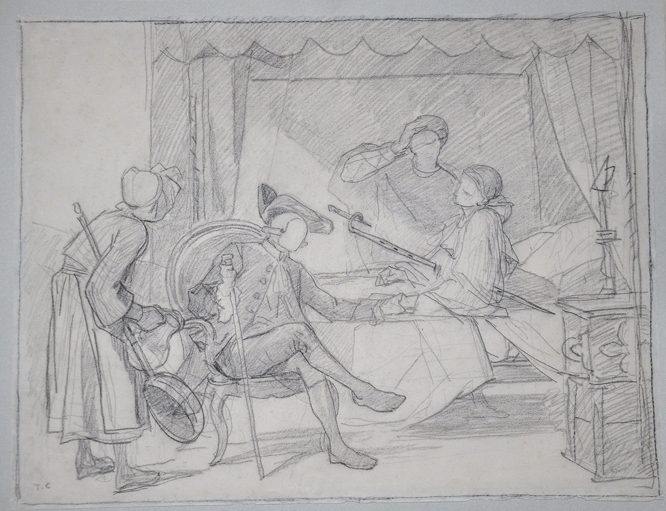 An early sketch depicts a group of lightly drawn people surrounding a woman who is lying in tall bed with another person standing on her side. One male figure sits with his legs crossed in a chair while another woman leans in behind him.