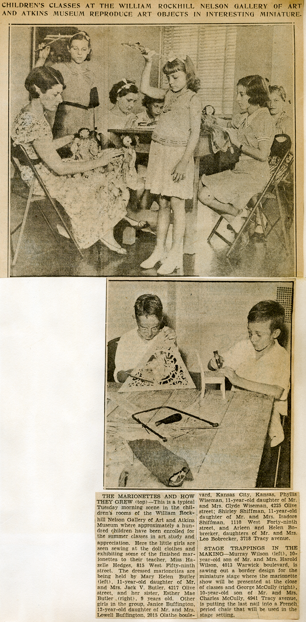 A photograph of two black and white photos pictures along with two paragraphs of text. In the top photo, there is a group of young girls sitting around and a table. They play with dolls and other toys. The photograph below depicts two young boys building a small chair and other wooden objects.