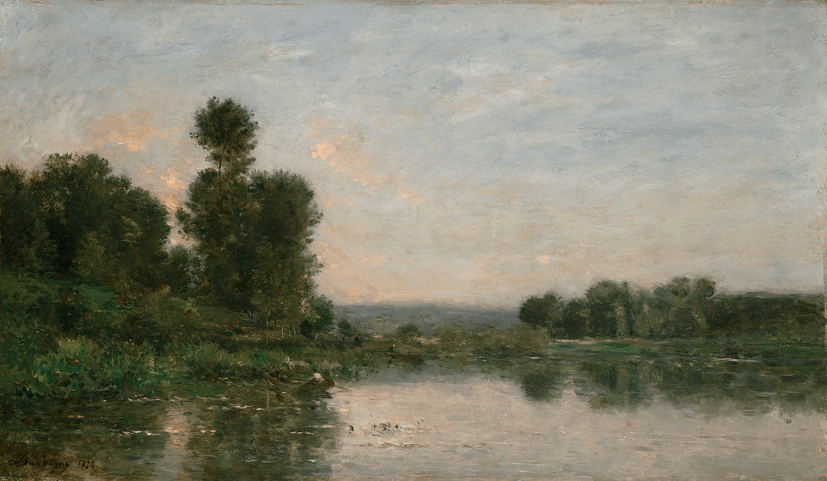 Landscape with water in the foreground, men in rowboat, willow trees in background.