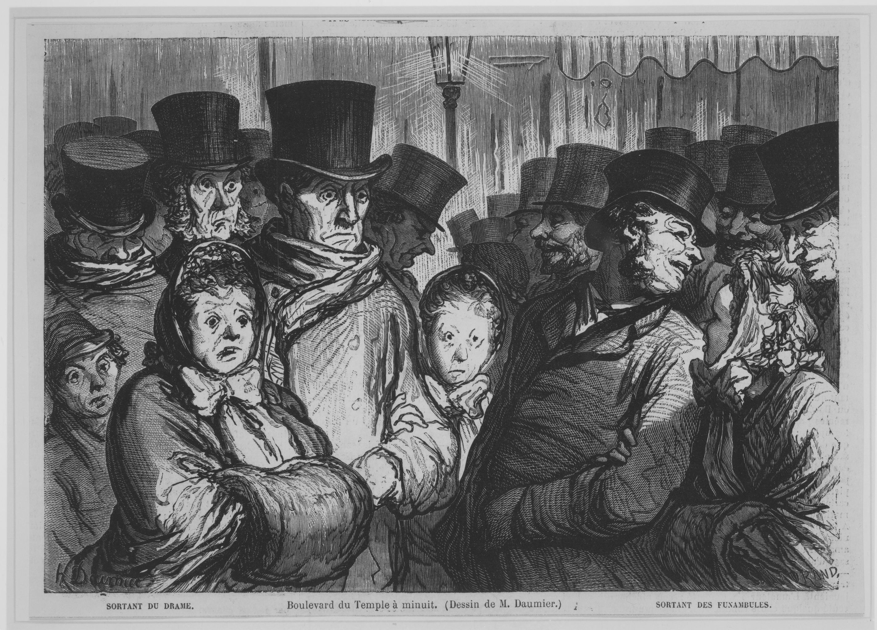 A black and white print of a large group of people standing under a lit lantern. Among the group, many are men wearing coats and black top hats. In the foreground, there are women three women also wearing coats.