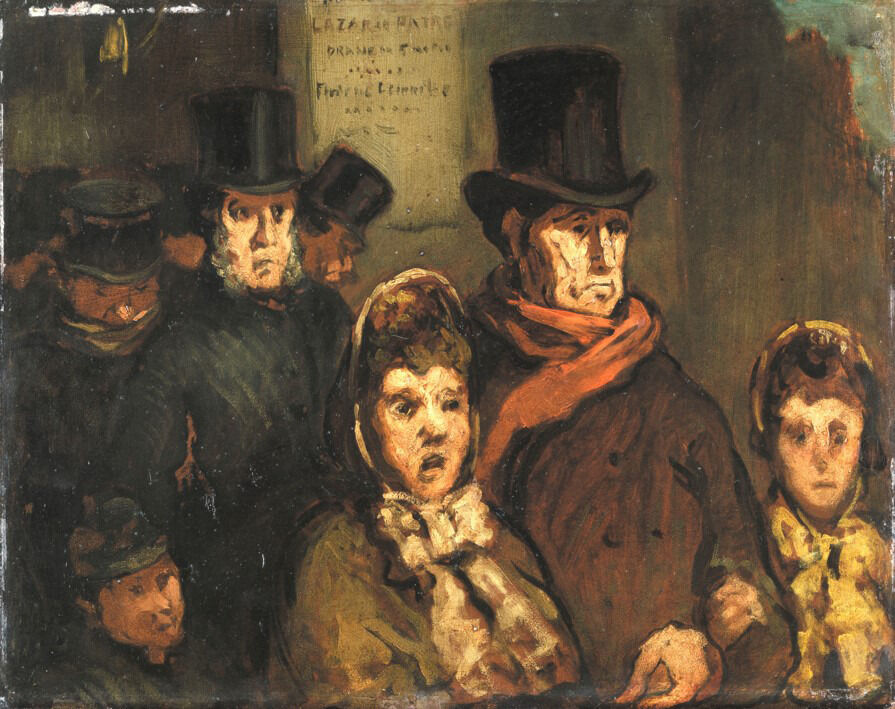 A group of people leaving the theatre. Playbill on center wall in the background.