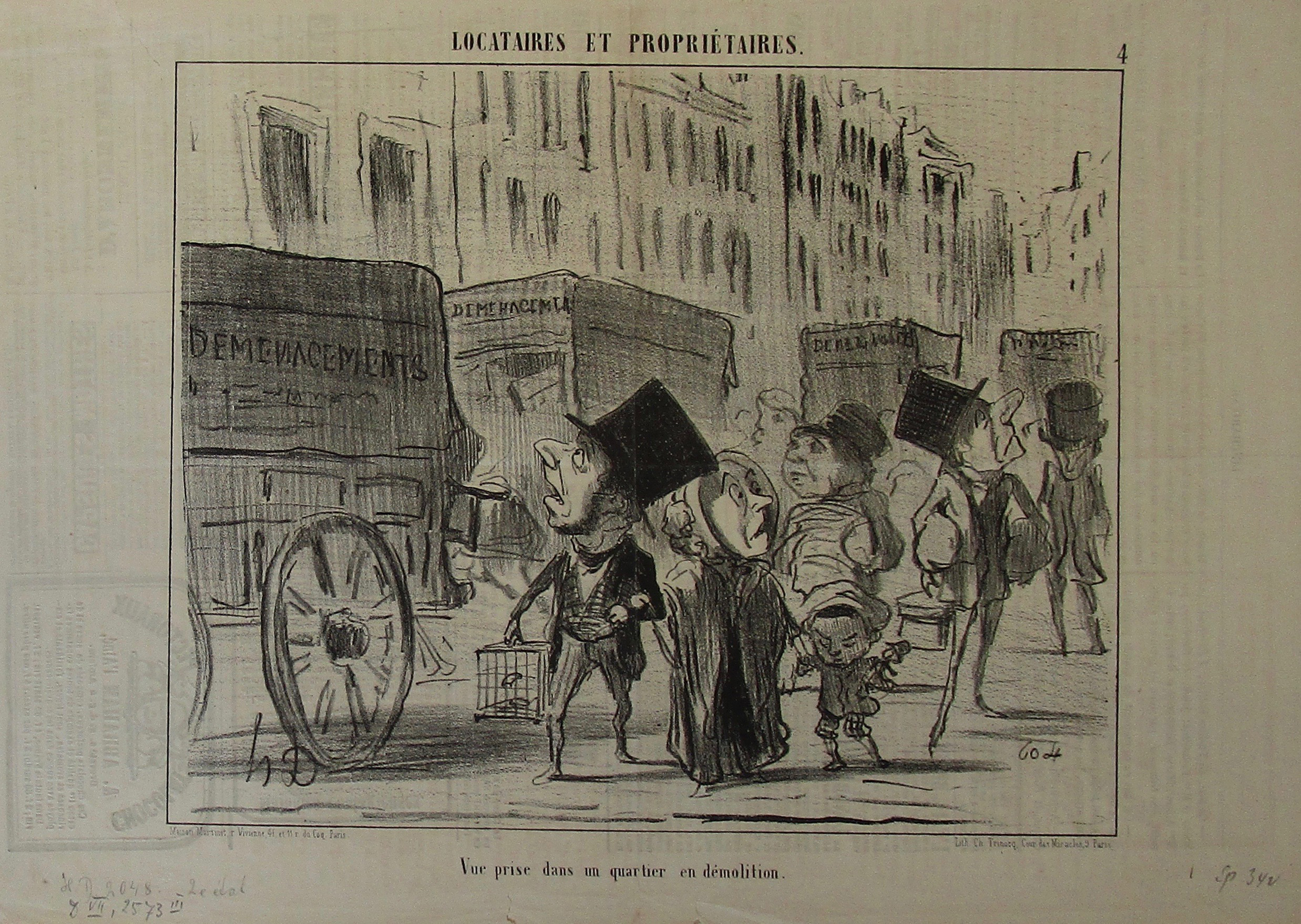 A black and white image of a line of people walking alongside a group of carriages on a road. They all have large heads and top hats. To the left of the carriages are towering buildings with windows.