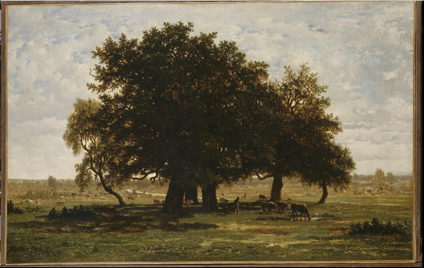 A painting of a series of oak trees in a large grass field. A herd of cattle and a figure sits under the shade. Behind the trees, there are more animals grazing the vast green land. The sky above them is blue but is covered by clouds.