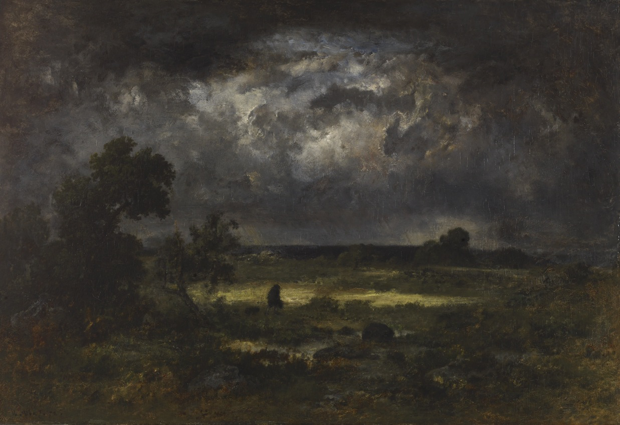 A painting of a grass field surrounded by green trees. In the middle of the field is lighten up by light that breaks through the dark and cloudy sky.