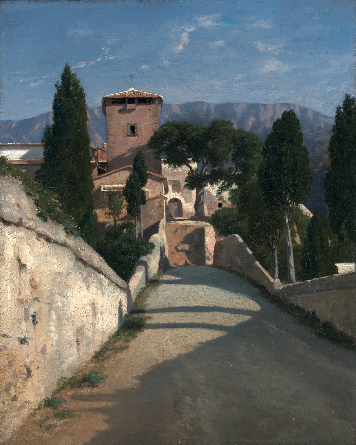 A poplar lined road leads down to a wall at the center of the canvas. A tower and a collection of buildings appear center with a background of mountains.