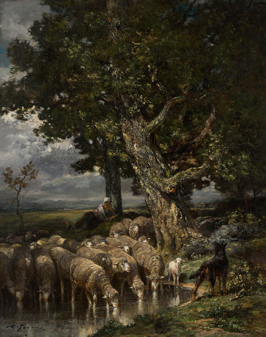 A painting depicting a herd of white sheep drinking water under a large tree with green leaves. In front of them, a black and brown dog watches over them. Behind the herd, a person wearing white, rests against another tree also watching them. The background consists of a cloudy sky which is above a grass field.