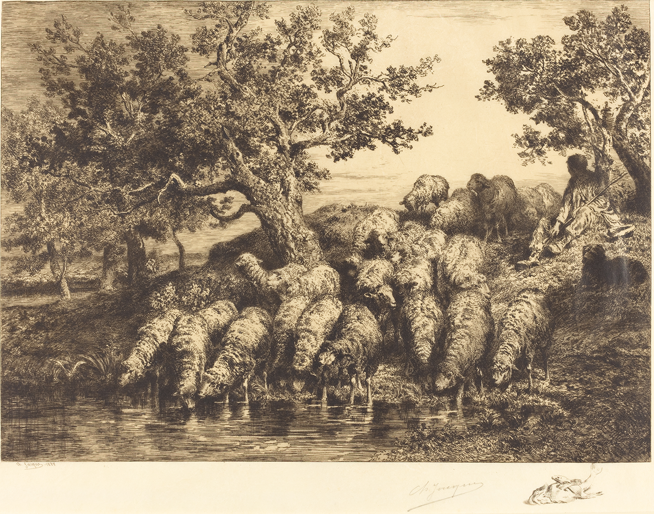 A black and white print of a herd of sheep gathered under a tree and drinking water from a nearby stream. Behind them, a figure sits under the shade of a small tree. Next to him, is a black dog watching the sheep.