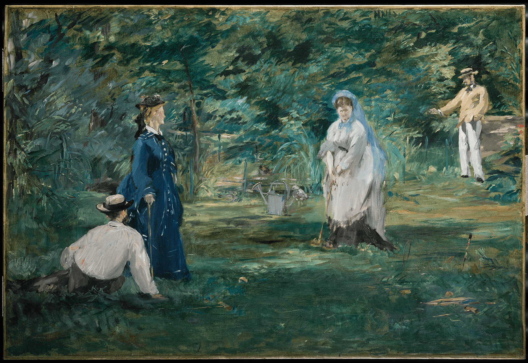 A painting depicting a group of people standing in the forest. To the left there is a woman standing with a blue dress, while a man sits on the ground next to her wearing a white shirt and hat. To their right, a woman wearing a white dress stands in front of a man wearing a yellow shirt with white pants.