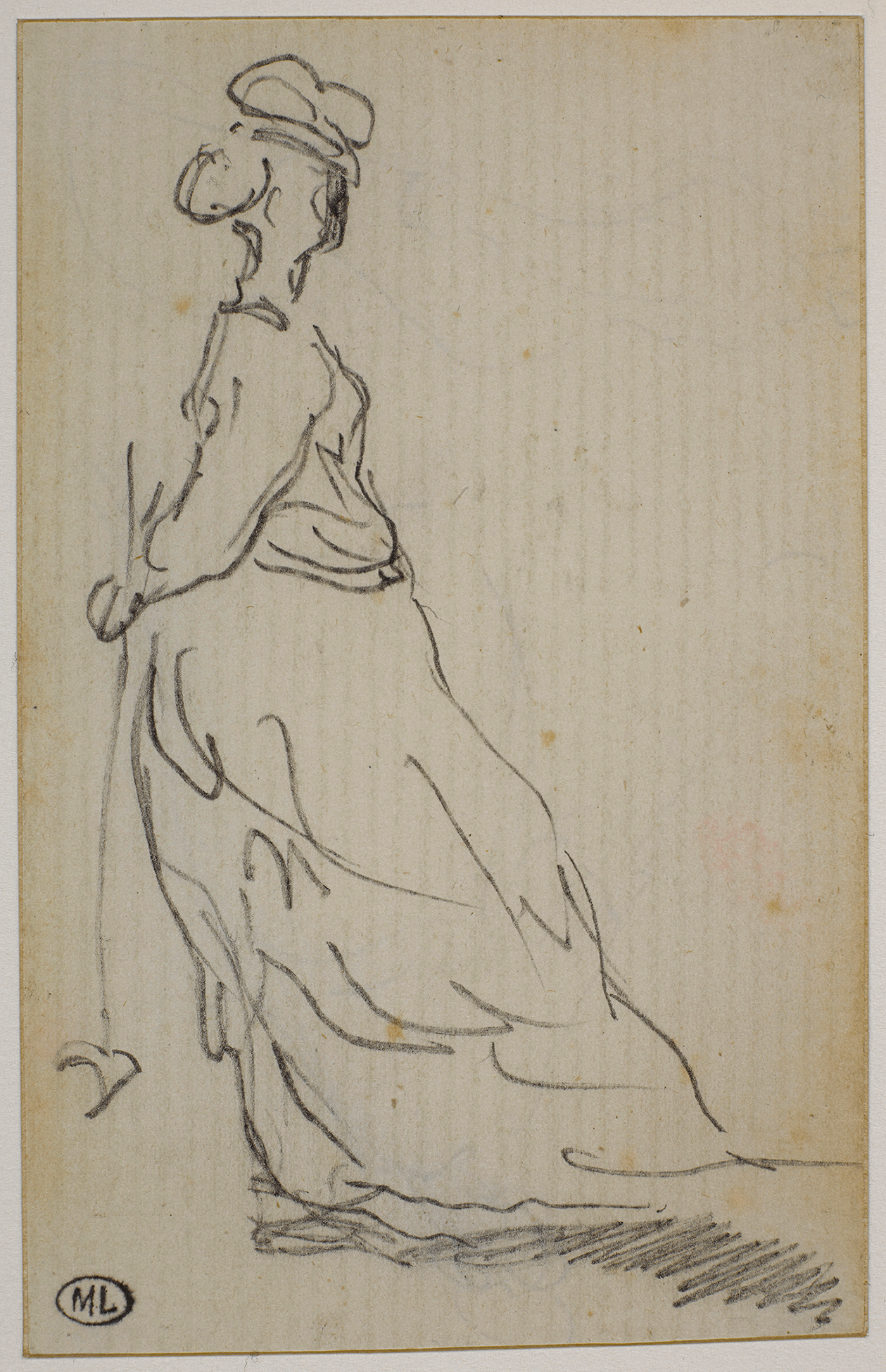 A sketch of an outline of a female figure with a long dress.
