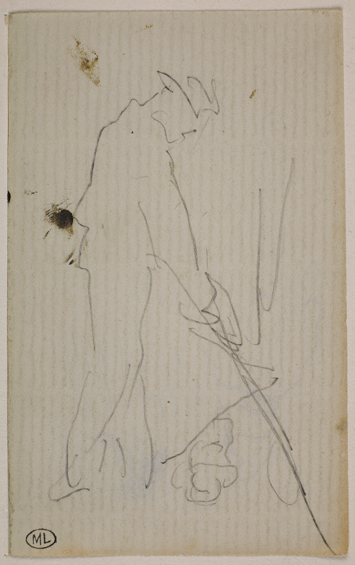 A sketch of an outline of a male figure holding a wooden mallet.
