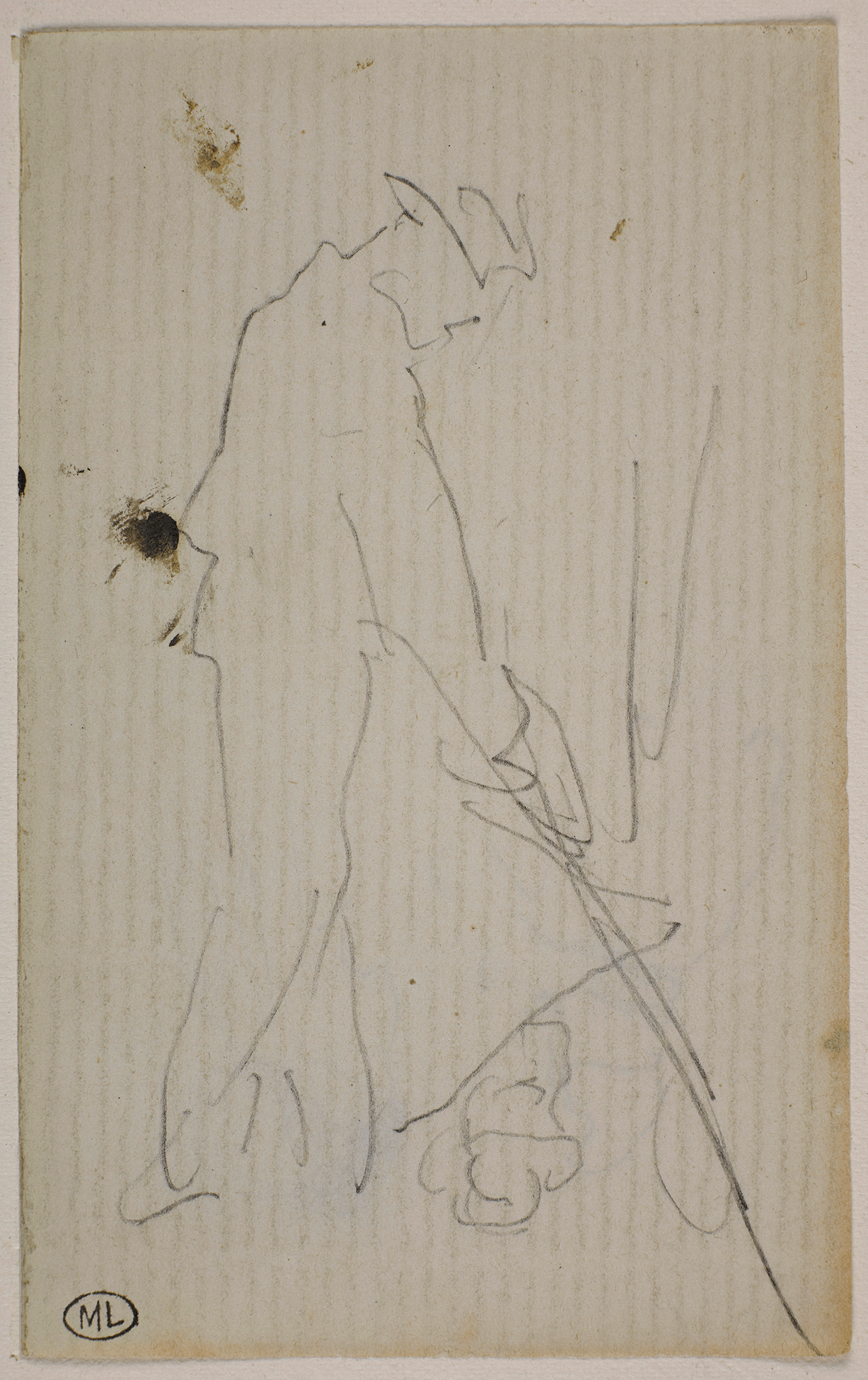 A sketch of an outline of a male figure holding a wooden mallet.