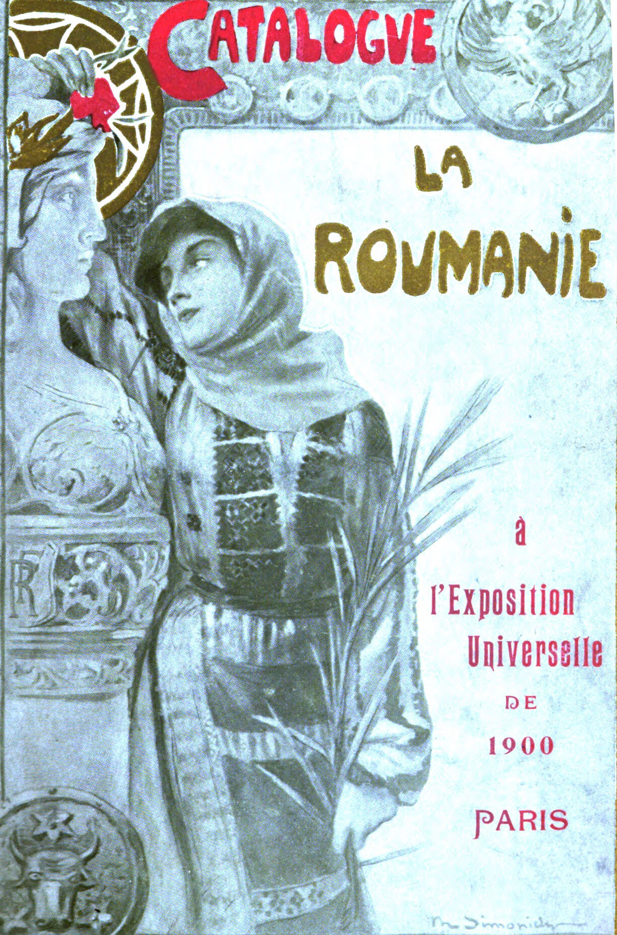 An image of a woman leaning against and staring at a marble sculpture of a figure. In her left hand is a branch from a plant. On the image there is writing that says &ldquo;CATALOGUE LA ROUMANIE&rdquo;