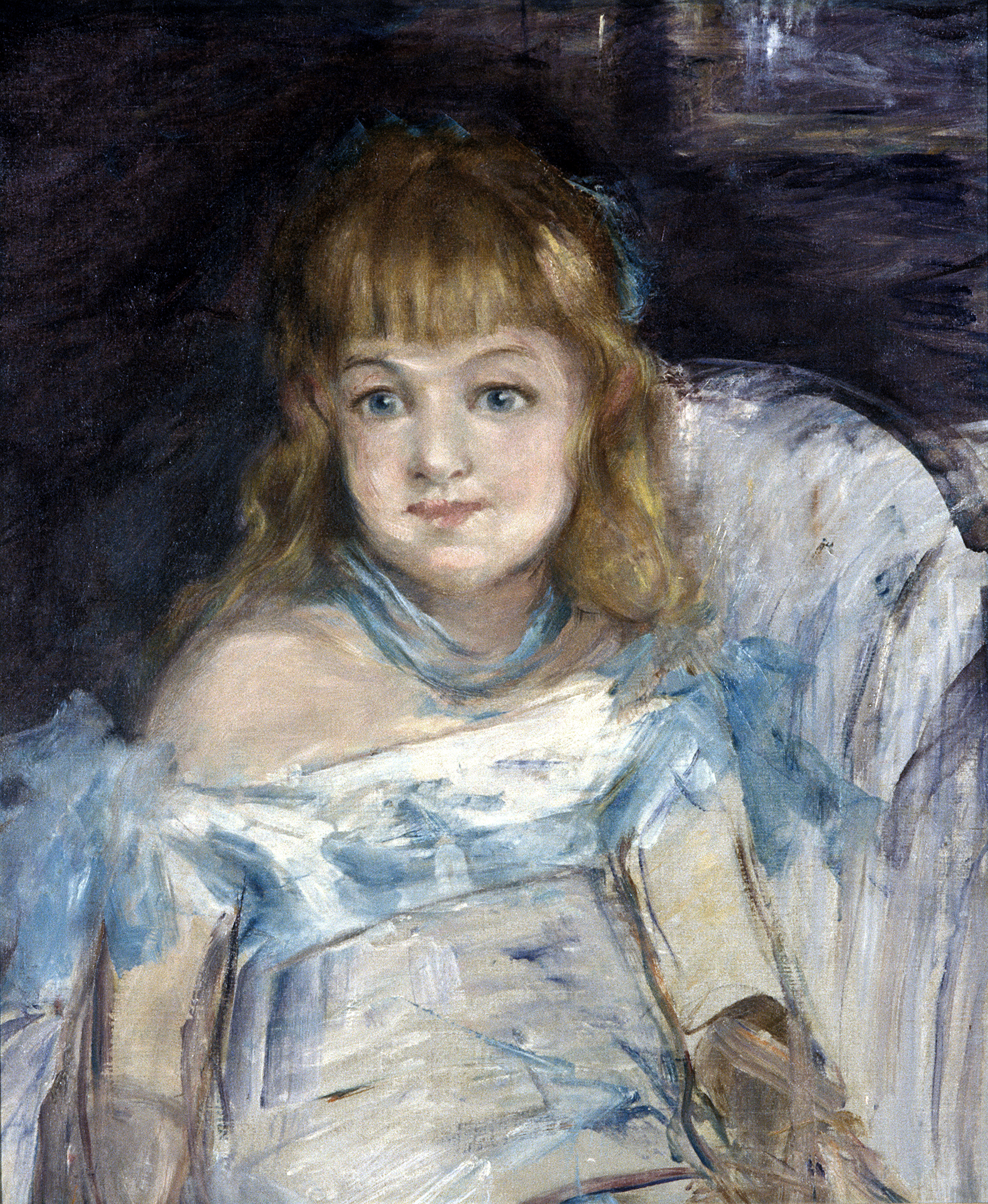 A painting depicting a young girl wearing a light blue dress. She has blonde hair with a blue tie wrapped in it, along with blue eyes, and a blue tie around her neck. She sits on a white chair.