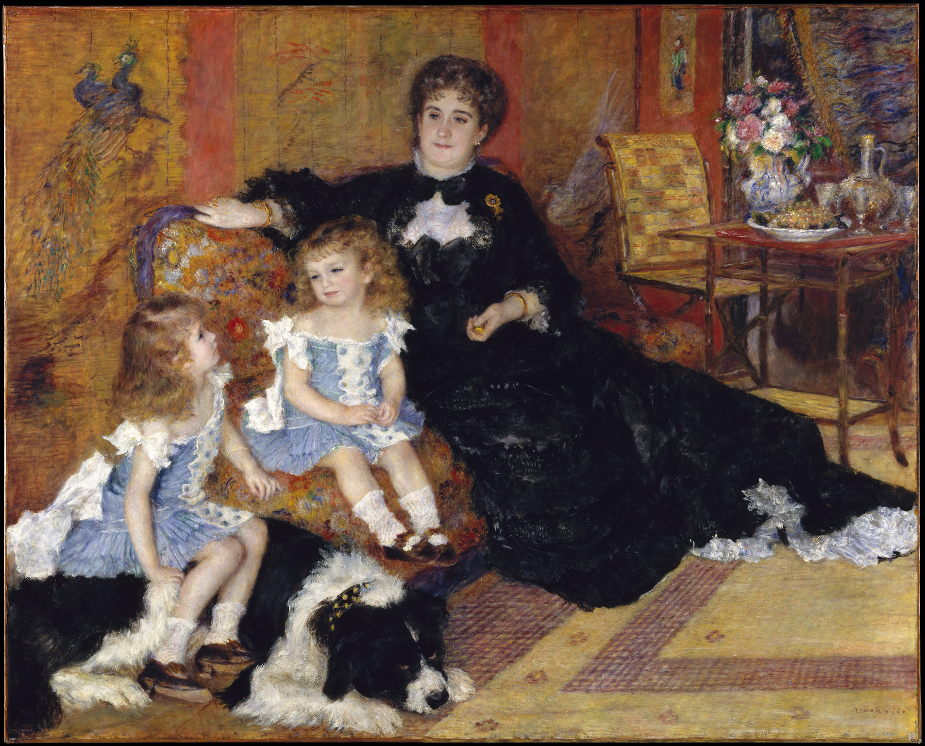A painting depicting a woman in a black dress sitting on a sofa and looking over two young girls. The young girls wear blue dresses, and one sits on top of a black and white dog. Behind the woman is a table with flowers and food on it.